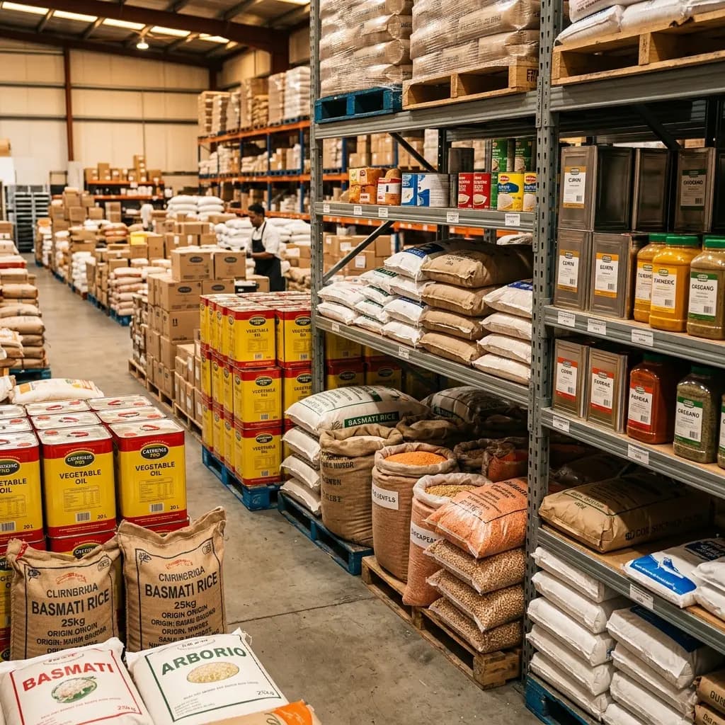 Bulk hotel kitchen supplies — cooking oil, spices, rice, pulses
